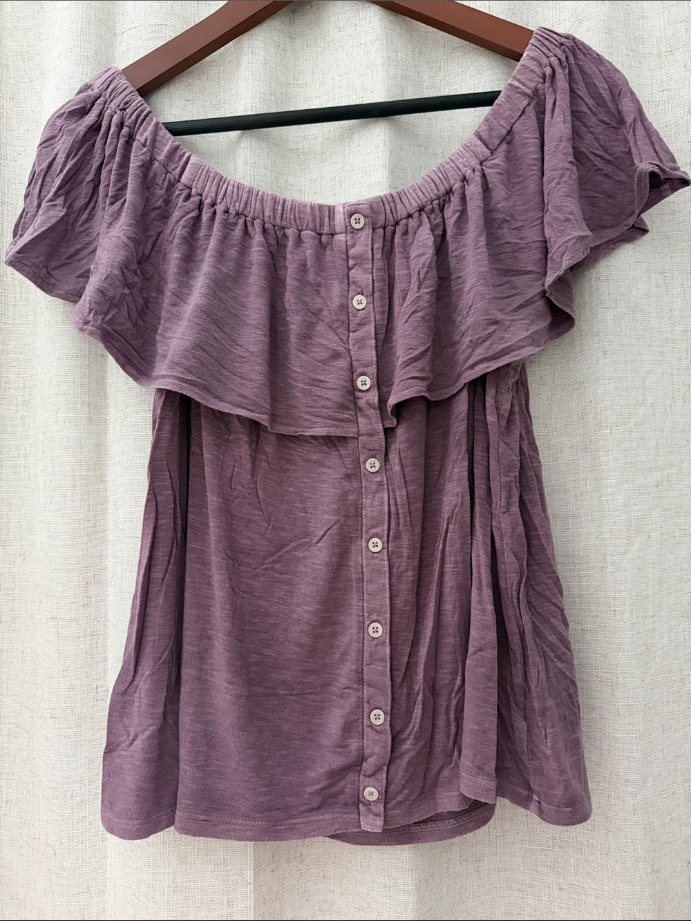 Off-Shoulder Ruffle Button-Front Top - Mauve